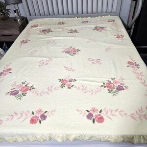 Floral Satin Trim Blanket Full/Queen 84x92 Pink Roses Pastel Cream Bedspread